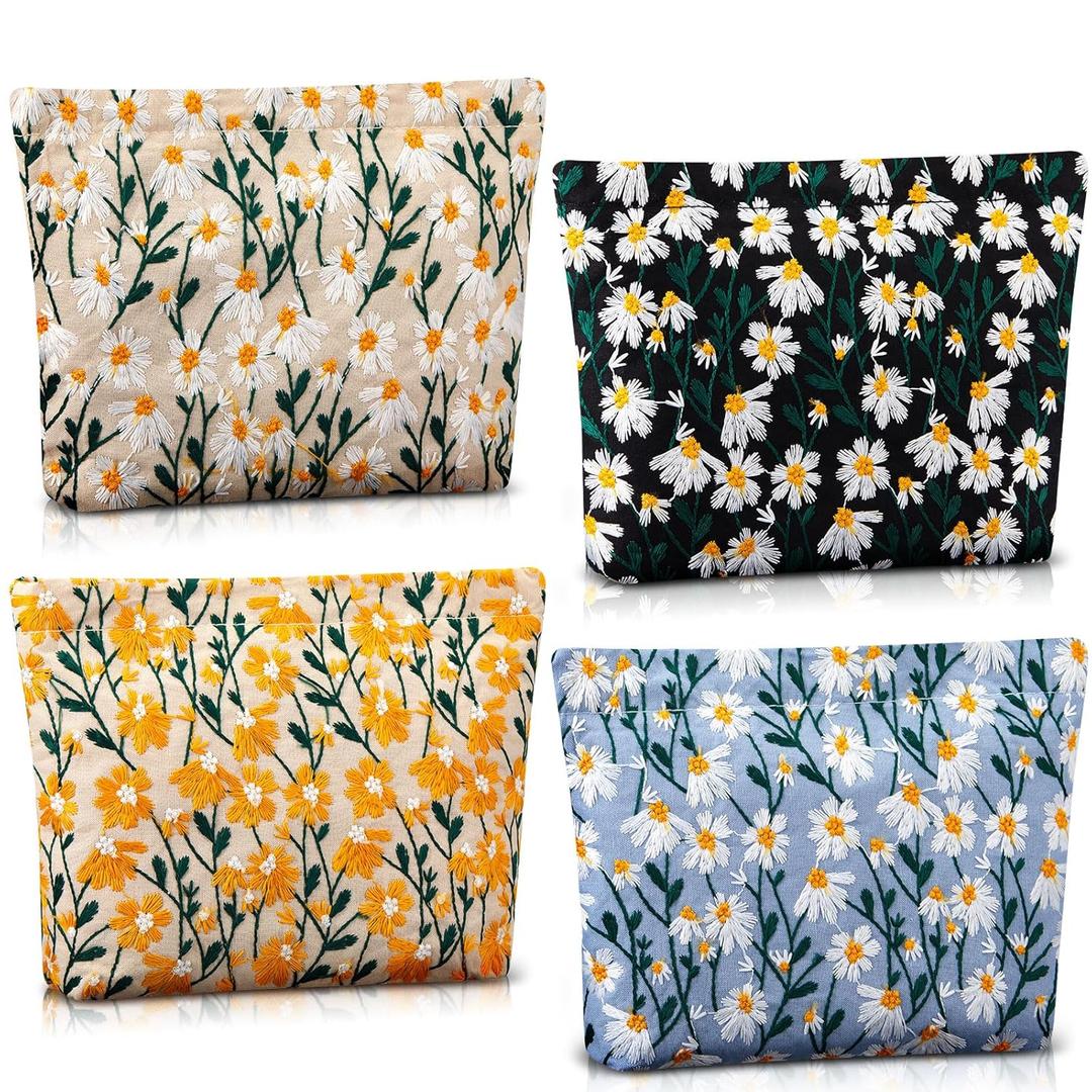 4 Pcs Makeup Bags Daisy Flower Embroidery Make up Organize Large Zipper Cosmetic Pouch Travel Toiletry Organizer Floral Embroidery Craft Gifts for Women and Daisy Lovers