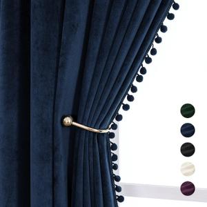 VANASEE Pompom Velvet Curtains for Bedroom Rod Pocket 52x84 inch Soft Blackout Window Curtains Room Darkening Drape Light Blocking for Living Room 2 Panels, Navy
