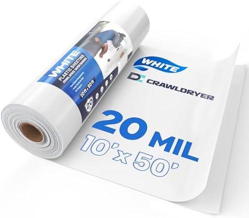 Crawldryer White Plastic Sheeting, 20 Mil 10' x 50', Crawl Space Vapor Barrier, White Vapor Barrier, Plastic Sheeting Heavy Duty, Polyethylene Plastic Rolls for Garden, Crawlspace, Basement, White