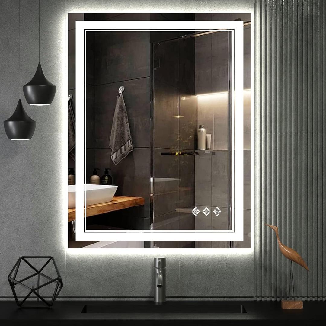 LED Bathroom Mirror, 24x32 Inch Gradient Front and Backlit LED Mirror for Bathroom, 3 Colors Dimmable CRI>90 Double Lights, IP54 Enhanced Anti-Fog, Hanging Plates Vanity Mirror with Lights