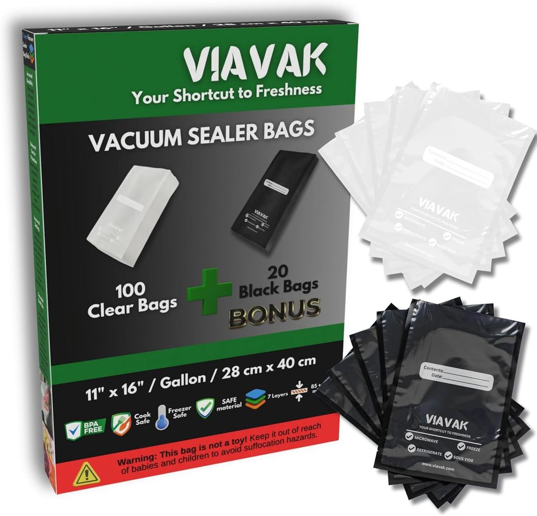 VIAVAK (11x16 Inch) Vacuum Sealer Bags for Food | 100 Clear + 20 Bonus Black | 7-Layer Commercial Grade, BPA-Free, Writable Surface for Content & Date, Heavy Duty for Food Storage & Sous Vide VIAVAK (11x16 Inch) Vacuum Sealer Bags for Food | 100 Clear + 20 Bonus Black | 7-Layer Commercial Grade, BPA-Free, Writable Surface for Content & Date, Heavy Duty for Food Storage & Sous Vide