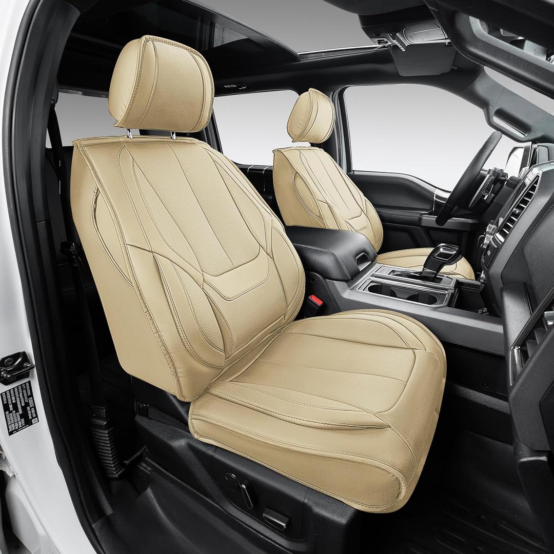 OASIS AUTO Seat Covers Full Set for Ford F-150 2009-2014 SuperCrew/Extended/Regular Cab, Full Coverage Waterproof Leather Ultimate Truck Seat Covers (Tan)