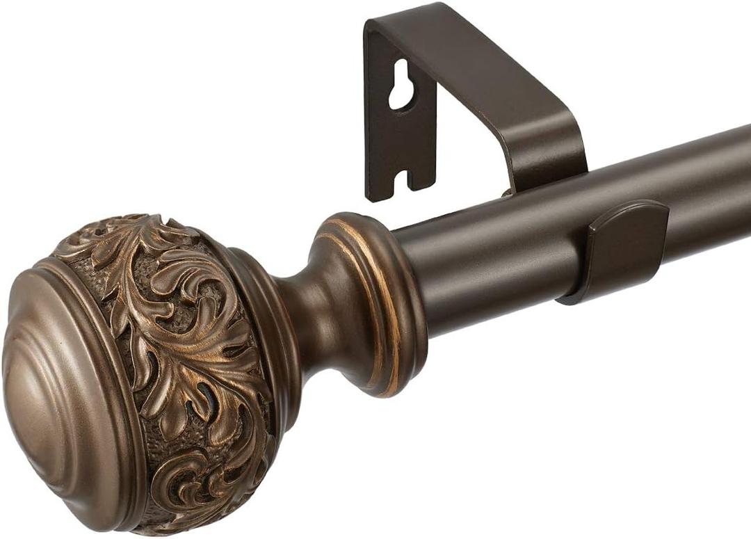 Decorative Window Curtain Rod 1-Inch Diameter with Modern Design Floral Carved Ball Finials, Drapery Curtain Pole Extends from 72 to 144 Inches,Floral Antique Bronze