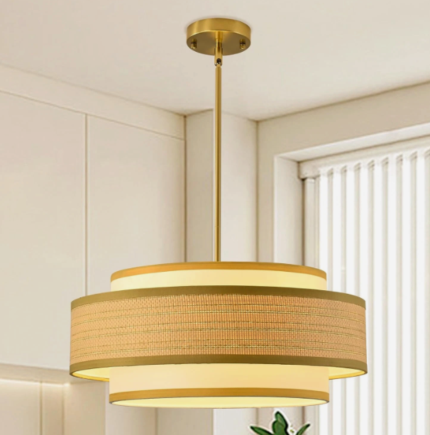 20" Golden Drum Chandelier with White Linen Lampshade 4-Light Modern Farmhouse Chandelier Light Fixture for Dining Room, Kitchen Island, Foyer, Entryway Bedroom