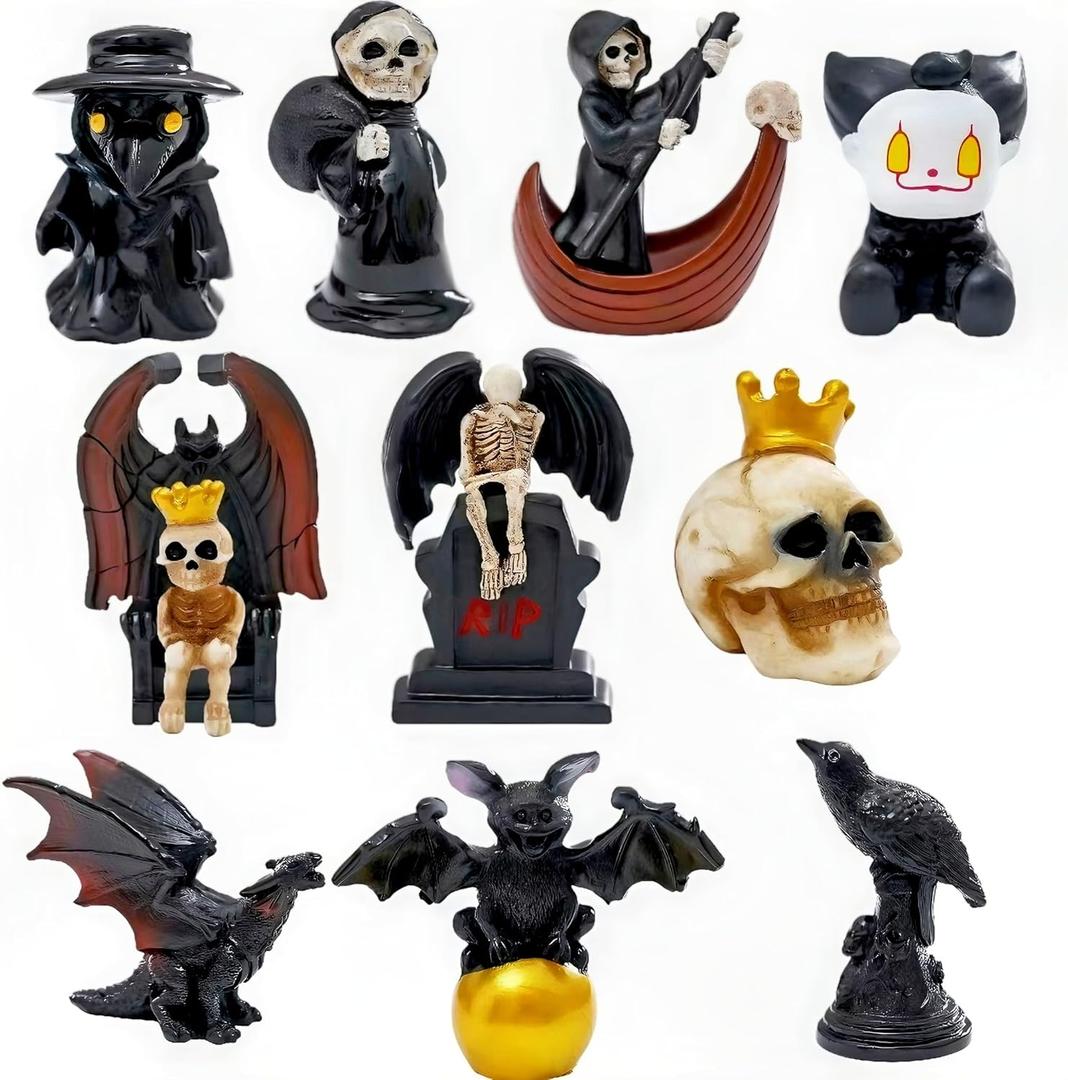 2 x 11Pcs Halloween Mini Figurines Set Miniature Skull Heads Dragon Ghost Crow Resin Decoration for Horror Village Collections Holiday Ornaments Micro Landscape Halloween Fairy Garden Decor