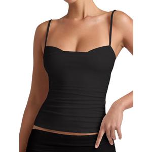 PINKMSTYLE Womens Runched Adjustable Spaghetti Strap Camisole Tank Tops Sleeveless Double Lined Slim Fit Tops (Black, S)