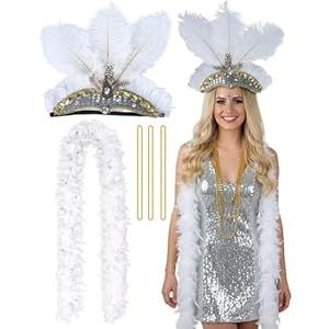 Vivrerizo Feather Headpiece Accessories Set, 5 Pcs White Carnival Costume Set with Beads Necklaces and Feather Boa, 1920s Flapper Accessories for Women Costume Masquerade Party