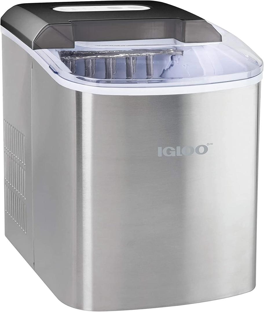 Igloo ICEB26SS Automatic Portable Electric Countertop Ice Maker Machine, 26 Pounds in 24 Hours, 9 Ice Cubes Ready in 7 minutes, With Ice Scoop and Basket, Perfect for Water Bottles, Stainless Steel