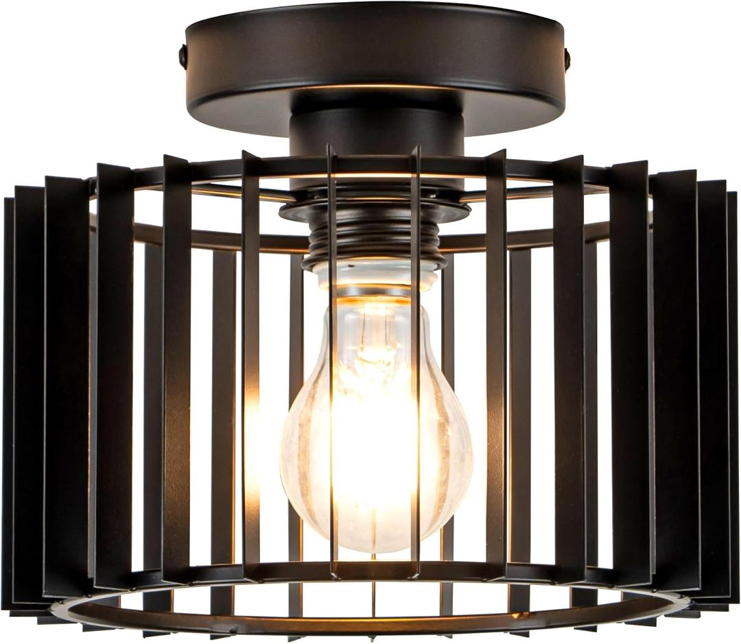 Zlepmlla Ceiling Light Fixture Industrial Black Iron Cage Flush Mount, 9 - inch Diameter, Hallway Light Fixtures Modern Ceiling Lights for hallways Eentryway Bathroom Bedroom Kitchen