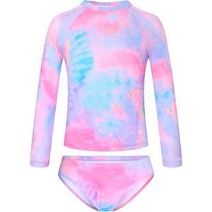 TENVDA Girls Swimsuit Long Sleeve Rash Guard Sets UPF 50+ Two Piece Bathing Suits Size 3-12 Years (6-7 Years, Tie Dye B)