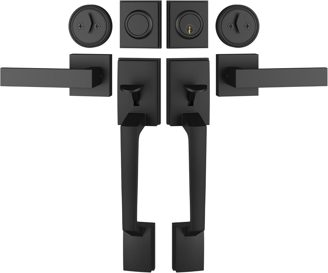 Matte Black Double Front Door Handle Set, French Door Locks for Double Doors with Smooth Deadbolt & Dummy Handle, Double Door Lock Easy to Install, Durable Construction for Front Door