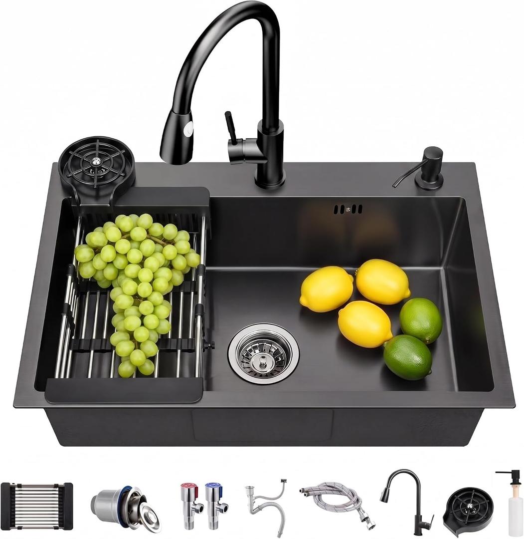 Drop In Kitchen Sink with Faucet Combo18 Gauge Stainless Steel Single Bowl Kitchen Sink Large Deep Round Corner Handmade Topmount Overmount Basin Kitchen Sinks (22"x18")