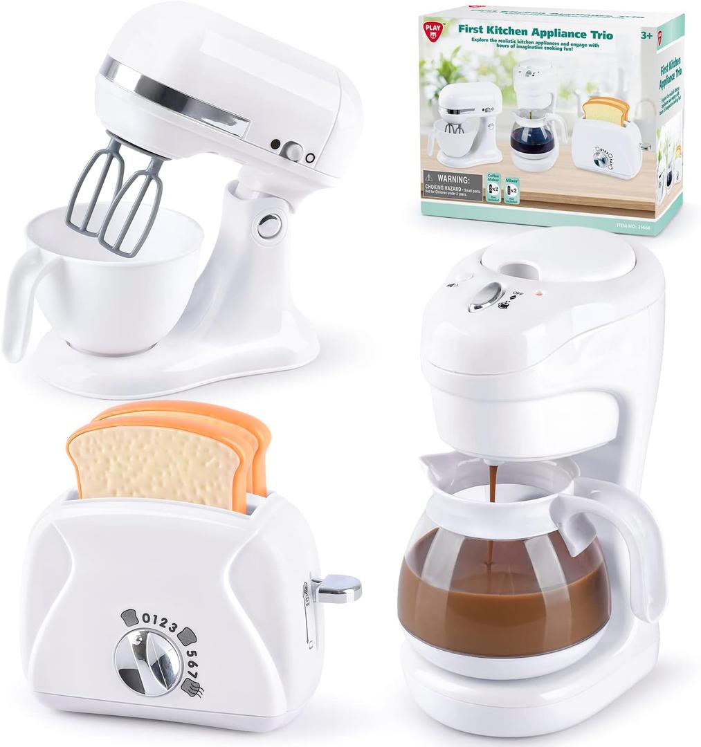 Kitchen Appliances Toys, Kids Play Kitchen Accessories Set, Pretend Kitchen Toys for Kids Ages 4-8, Coffee Maker, Mixer, Toaster with Realistic Lights & Sounds, Gift for Girls Ages 3+ (White)