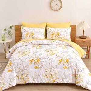 WONGS BEDDING Yellow Botanical Comforter Set Queen, 7 Pieces Floral Bed in a Bag Gloden Leaves Bedding Set Soft Microfiber Queen(1 Comforter,2 Pillowcase,2 Pillow Shams,1 Flat Sheet,1 Fitted Sheet), Queen 90“×90”, White-yellow