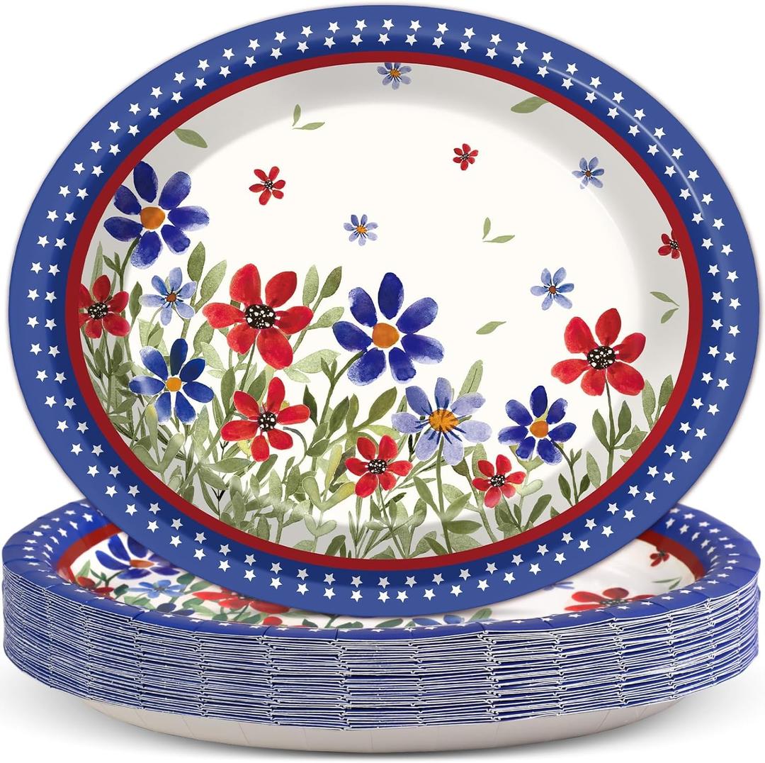 50 Pcs 4th of July Poppy Flower Oval Paper Plates Fourth of July Party Supplies Summer Floral Independence Day American Disposable Plates Patriotic Decorations for Labor Memorial Day