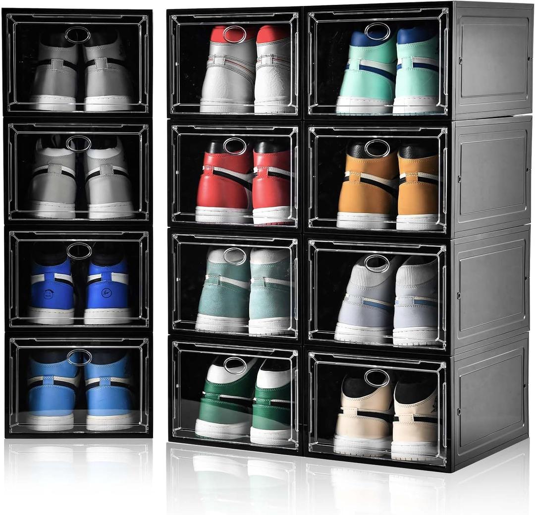 Amllas 12 Pack Shoe Boxes Stackable,Upgraded Sturdy Shoe Storage Boxes with Clear Magnetic Door,Multifunctional Sneaker Storage, Shoe Box Organizer Fit up to US Size 12 Black (13.8”x 9.84”x 7.1”)