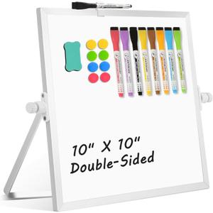Dry Erase Magnetic White Board, 10" x 10" Double-Sided Desktop Whiteboard with Stand, Portable Small Whiteboard Set for Drawing, Office, Home