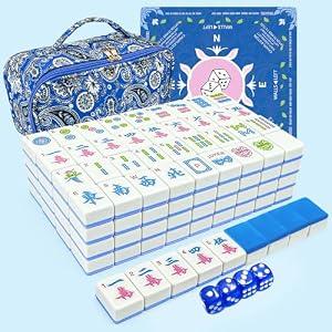 Gartu American Mahjong Tile Set, 166 Blue Tiles (1.2”), Mahjong Tile Set with Carrying Bag, Dice, Mat, Cute Mini Tiles, Portable Travel Complete Game Set for Home Outdoor, Gift for Enthusiasts