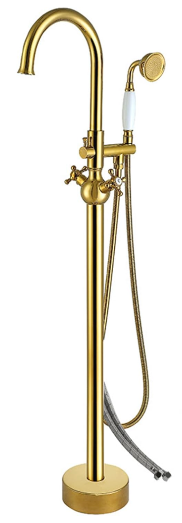 Freestanding Bath Taps, 2 Mode Water Outlets Floor Mounted Bathtub Tap with Handheld Shower, 360° Swivel Spout Bath Taps Cold and Hot Water Vintage Brushed Gold Bathroom, Taps(B)