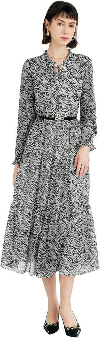 Women's Vintage Floral Print Long Sleeve Dress with Lace Collar and V-Neck Design Mid-Length A-Line Dress (Medium)