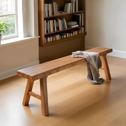 ConveniBee Farmhouse Indoor Wooden Living Room Dining Bench, Asian Natural Wood Kitchen Entryway Benc with Armless Design and Short Height, Solid Wood Shoe Bench Entryway Benches (47.2 * 10.2 * 17.7)