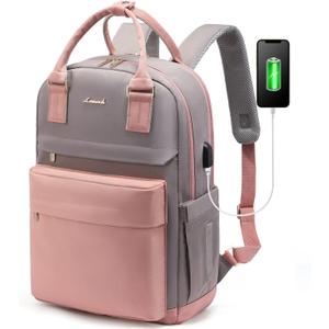 LOVEVOOK Laptop Backpack for Women 15.6 Inch Laptop Bag with USB Port, Fashion Waterproof Backpacks Teacher Nurse Stylish Travel Bags Vintage Daypacks Bookbag for College School Work (Pink & Grey)