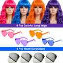 Long Curly Wig with Heart Sunglasses and Hair Cap Set of 4 | Colorful Colored Party Wigs Funny Costume Hairpieces for Cosplay