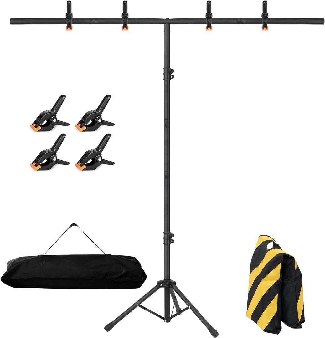 6.5x3.2ft T-Shape Backdrop Stand, Adjustable Background Support Stand Kit, Portable Photo Banner Holder with 4 Spring Clamps, Sandbag, Carry Bag for Party, Wedding, Photography and Decoration