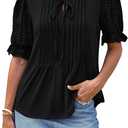 GRACE KARIN Womens Summer Top Casual Crewneck Short Puff Sleeve Crochet Lace Embroidered Blouses Shirts (Small, Black)