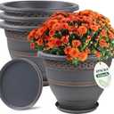 Usocik 4 Pack 12 Inch Large Plant Pots, Plastic Flower Pot for Indoor & Outdoor with Drainage Holes & Saucer, Plaid Pattern Planters Garden Pots for Herbs Bronze