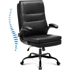 Office Chair Big and Tall,Executive Vintage Leather Ergonomic Desk Chair,High Back Adjustable Computer Chair with Springs Cushion,Flip-up Arms,Lumbar Support,Rocking Function(Marbling Black)