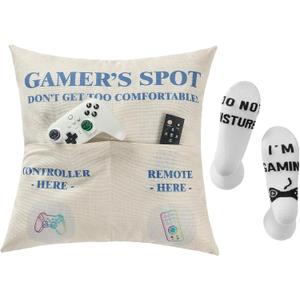 2 x FUTEI Children Gifts,Gamer'Spot Throw Pillow Covers 18x18 Inch Set of 1 Christmas Holiday Home Decor for Couch Bed Living Room (Comes with 1 Pack Standard Size White Game Socks)