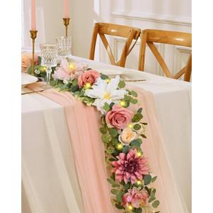 Waipfaru Artificial Flower Garland with Lights, 6.07Ft Lighted Eucalyptus Greenery Garland, Pink Rose Floral Vines for Wedding Table Runner Centerpieces Backdrop Decor