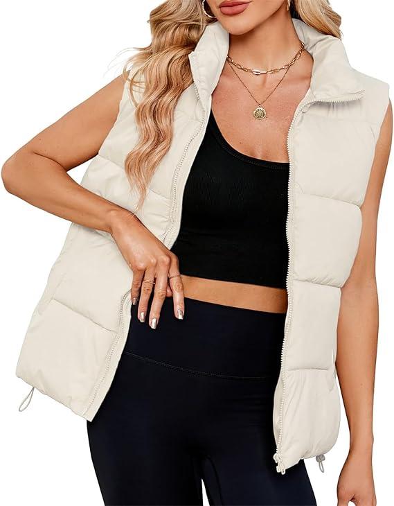 Puffer Vest for Women's Outerwear Vests Puffy Oversized 2024 Quilted Vest Tops Jackets Coat with Pockets, Beige, Size S