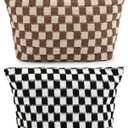 SOIDRAM 2 Pieces Makeup Bag Large Checkered Cosmetic Bag Capacity Canvas Travel Toiletry Bag Organizer Cute Makeup Brushes Aesthetic Accessories Storage Bag for Women, Checkered L Black Brown