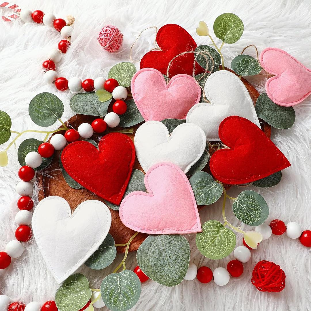 HunnmingRe 24 Pcs Valentine Felt Heart Ornaments for Tree Small Heart Hanging Decorations Valentine Felt Baubles for Home Wedding Party Decor(2.4 Inch,Simple Style,Red Pink White)