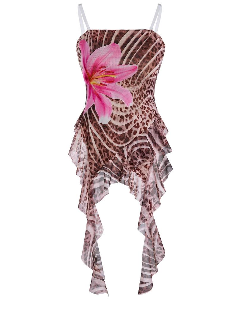 Verdusa Women's Cheetah Floral Ruffle Tube Top Y2K Strapless Backless Fitted Tops, S/M