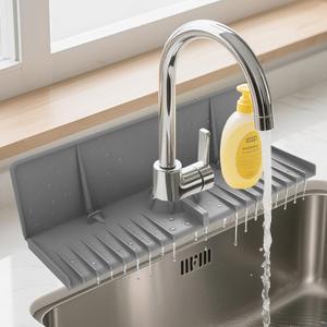 Silicone Faucet Drip Catcher Tray Mat - Upgraded Design - Sink Backsplash Guard Behind Faucet, Silicone Faucet Mat for Dish Soap Sponge Holder, Kitchen Counter Bathroom Kitchen Sink Splash Guard -Grey (14.4x8.8 inch, Gray)