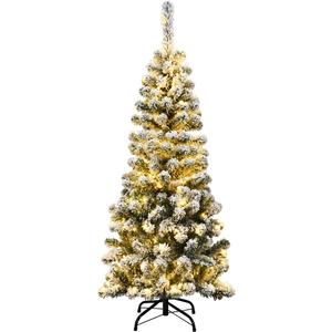 Goplus 4.5ft Artificial Snow Flocked Christmas Tree, Pre-Lit Hinged Pencil Tree with 150 LED Lights and Metal Stand, Slim Xmas Tree for Holiday Decor