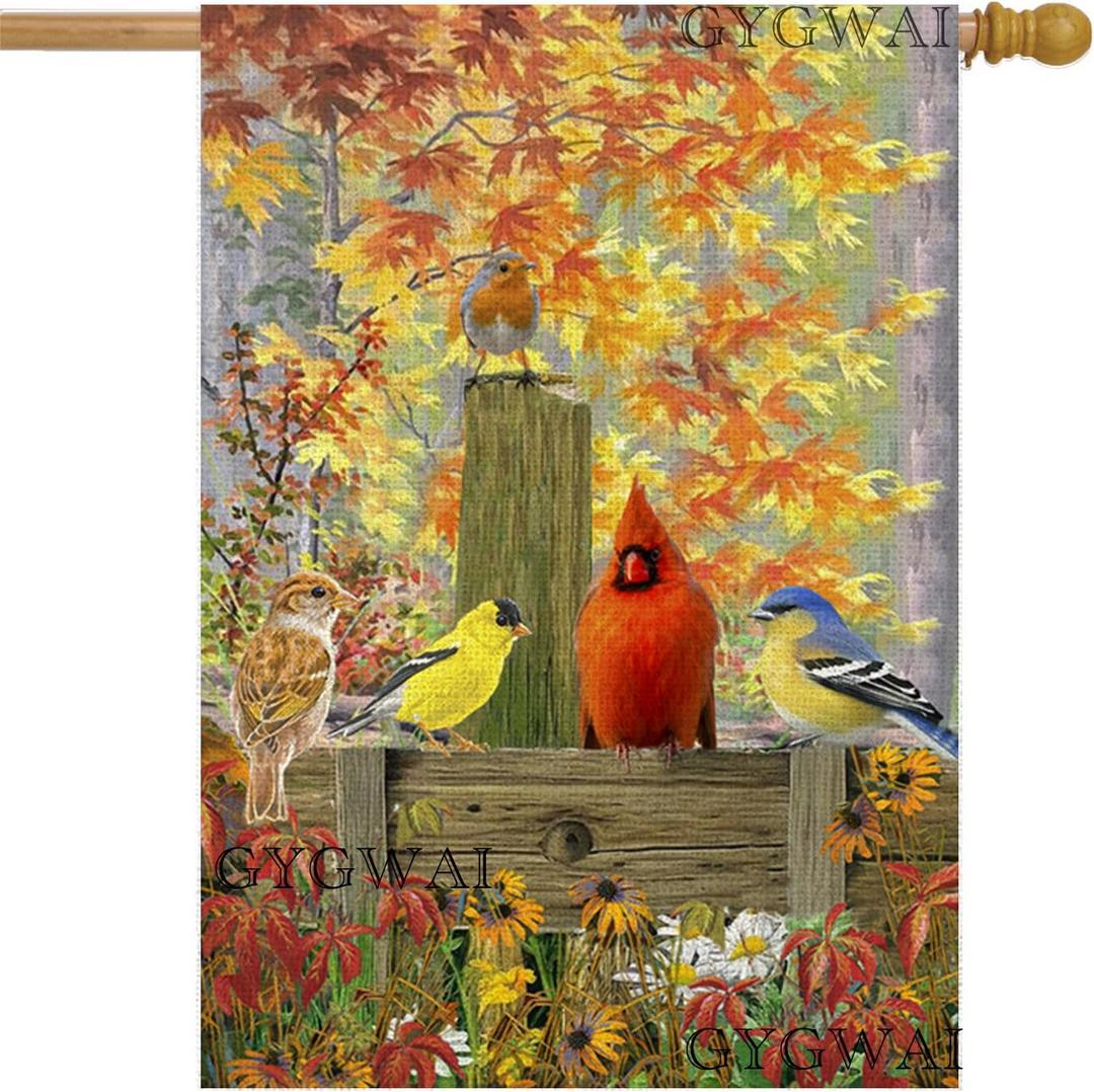 Cardinal Red Birds House Flag 28x40 Double Sided Large Fall Burlap Maple Leaves Thanksgiving Harvest Yard Flag for Outside Porch Lawn Decor