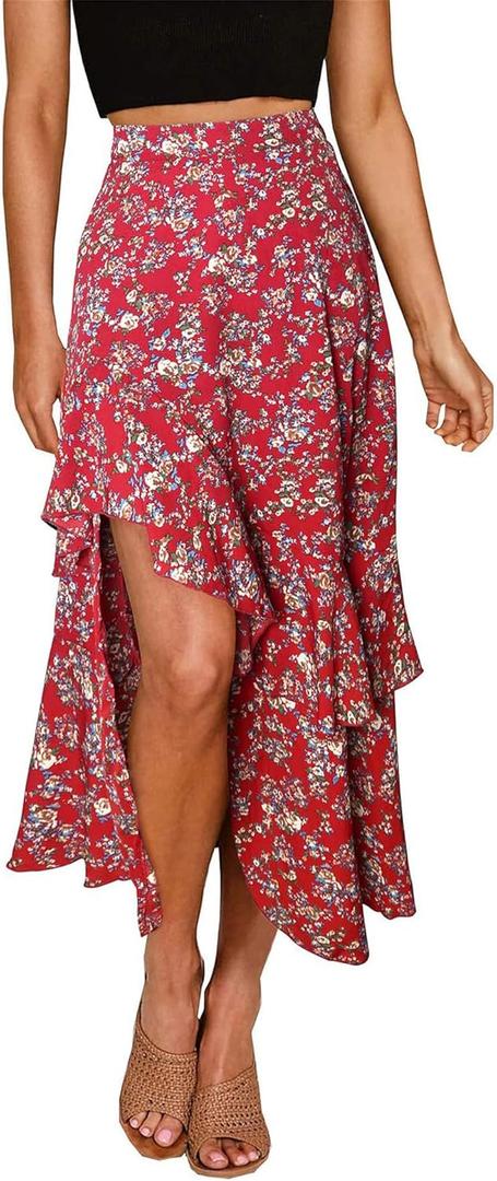 BTFBM Women 2025 Summer Fall Boho Long Skirts Dress Floral Print Elastic Waist Split Ruffle High Low Beach Maxi Skirt (Red, S)