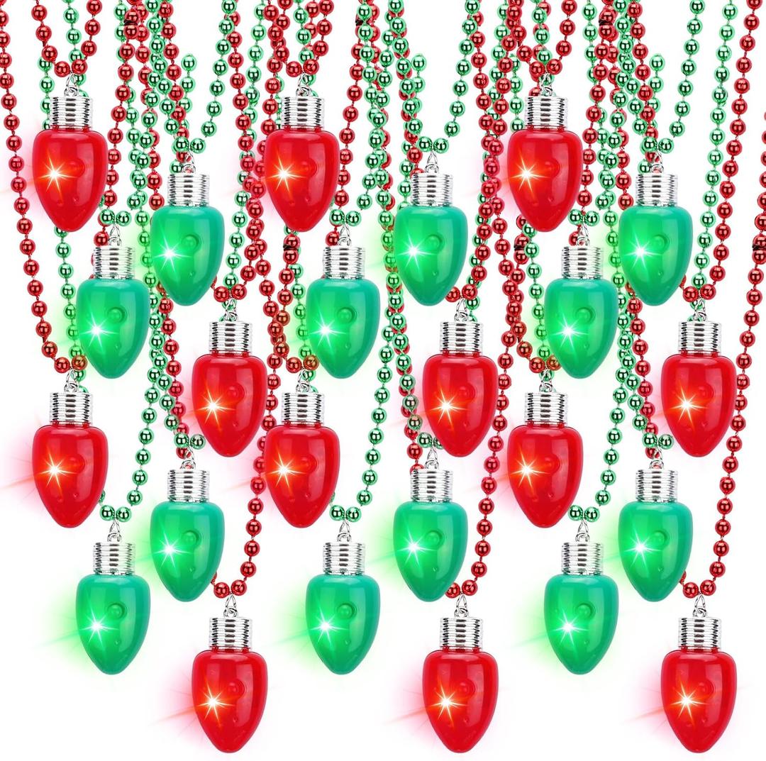 Sureio 24 Pack LED Light up Christmas Necklaces Xmas Party Favors Christmas Glow Necklace Holiday Light up Necklace LED Accessories for Stocking Stuffers Novelty Gifts Decorations, Red Green (Bulb)