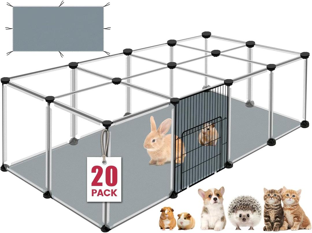 20 Panels Small Animals Playpen, 48" x 24" x 16" Transparent Pet Playpen with Waterproof Mat, Portable Plastic Enclosure Cage for Chicken/Guinea Pigs/Bunny/Ferrets/Hamsters/Hedgehogs Indoors Outdoor
