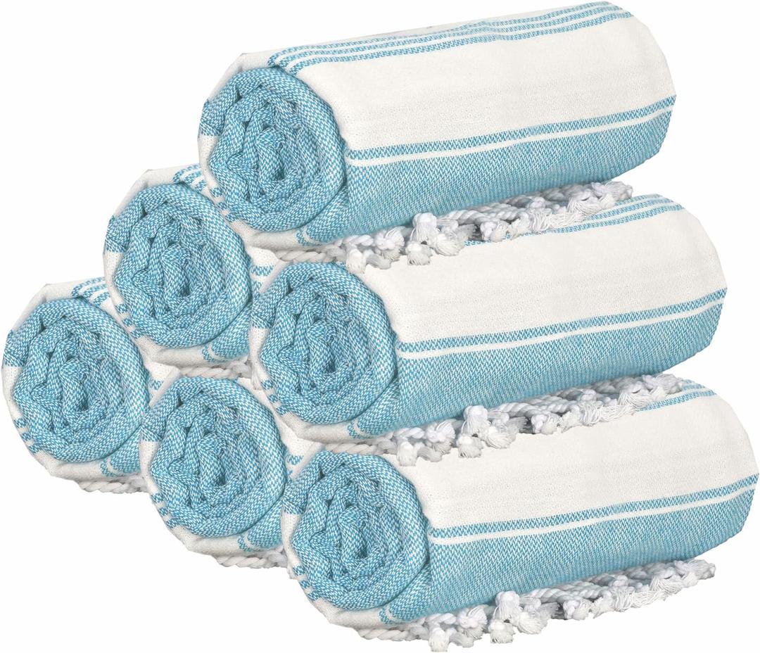 GLAMBURG Peshtemal Turkish Towel Cotton Oversized Beach Towels 36x71 Set of 6 for Adults, Soft Durable Absorbent Extra Large Bath Sheet Hammam - Aqua Blue