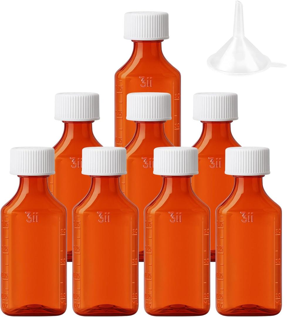 Zoeynex Child-Resistant 2oz Amber Plastic Medicine Bottles (8 Pack) - Leak-Proof, Graduated (oz & ml) - Includes Funnel - Travel Liquid Medication Container