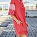 Wenrine Women's Polo V Neck T Shirt Dress Casual Summer Oversized Color Block Short Sleeve Sweatshirt Mini Dresses (L)