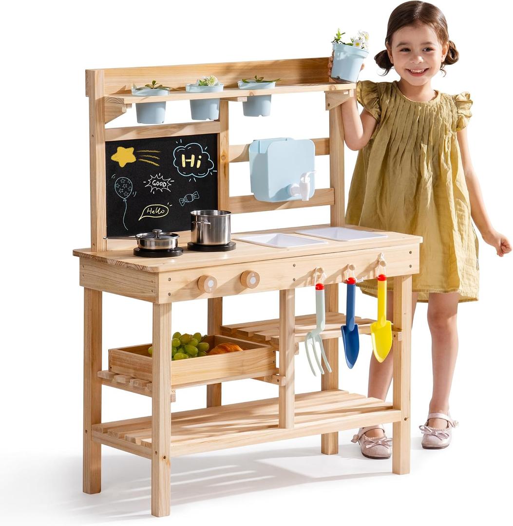 ROBUD Mud Kitchen for Kids Outdoor, Wooden Outdoor Play Kitchen, Kids Mud Kitchen with Removable Sink & Faucet, Outdoor Toys for Children Ages 3+ Years, WG429