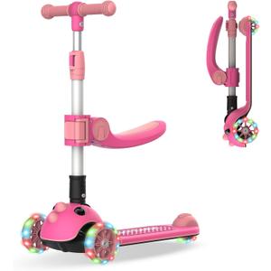 Gotrax KS3 Pro Folding Kick Scooter for Kids, One Key Removable Seat & 3 Extra Wide PU Light-Up Wheels and Anti-Slip Deck, Adjustable Height Handlebar and Lean-to-Steer Scooter for Children Aged 2-8 (Pink)