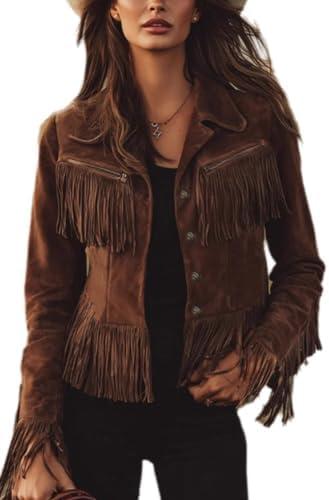 Fringe Jacket Women Faux Suede Vintage Cowgirl Style Tassel Button Up Long Sleeve Lapel Womens Western Jacket 2026, Aa Coffee, Small