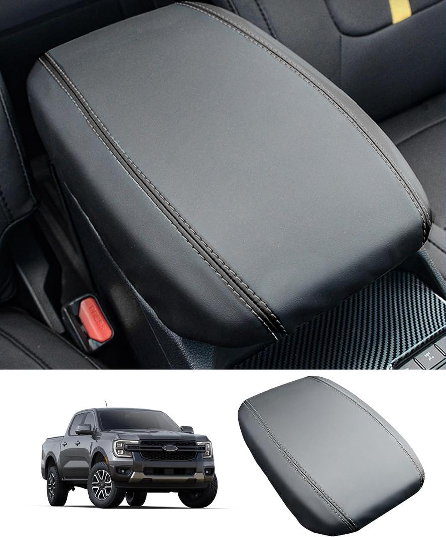 Center Console Cover for 2024 2025 2026 Ford Ranger Accessories Leather Armrest Cover Ranger XL/XLT/Lariat/Raptor Anti-Scratch Arm Rest Seat Cover Middle Console Lid Pad Protector(Black) 
